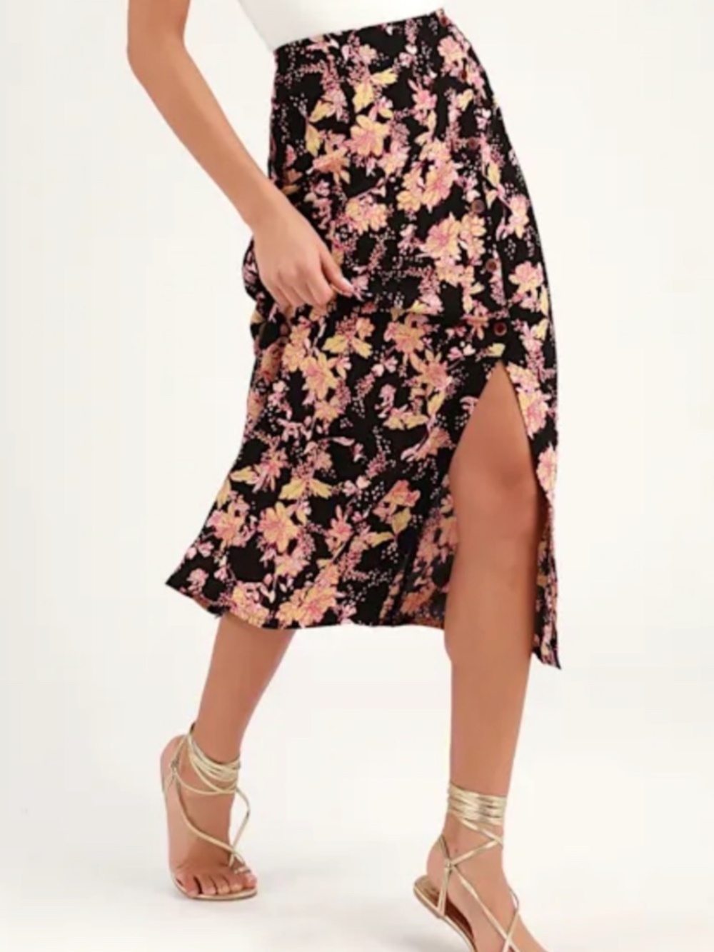 Free People Black Floral Button Front Midi Skirt – Size Small